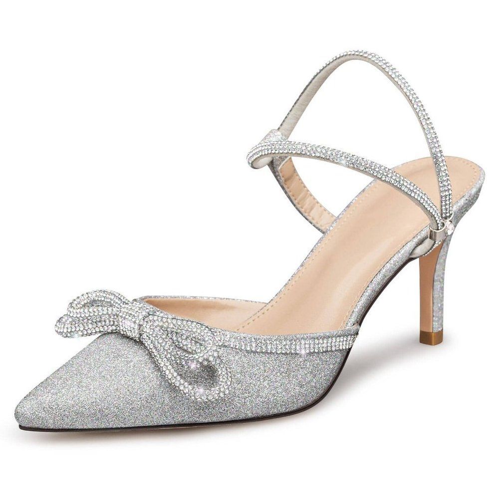 New Susanny Women's Closed Toe Rhinestone Wedding Low Heel Slingback 38 /NO BOX